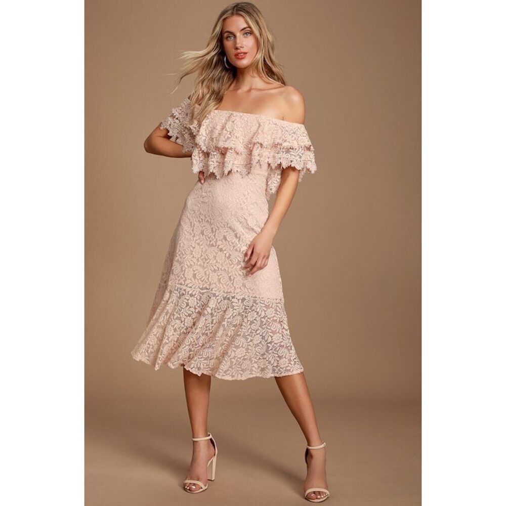 Lulus Jaclyn Blush Pink Lace Off-the-shoulder Midi Dress - Size XS